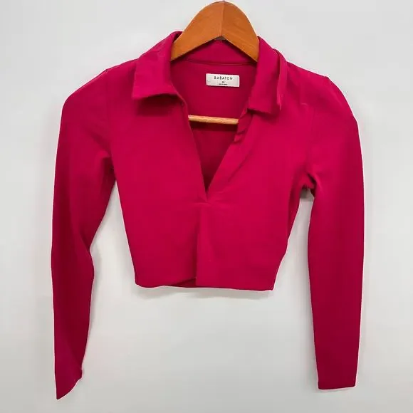 BABATON Pink Collared Contour Cropped Long Sleeve Polo // XS - Picture 3 of 9